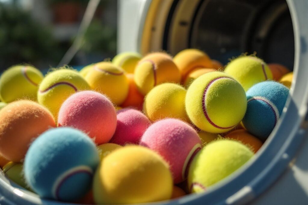 Balles de tennis multiccolores avec surface veloutée dans un récipient