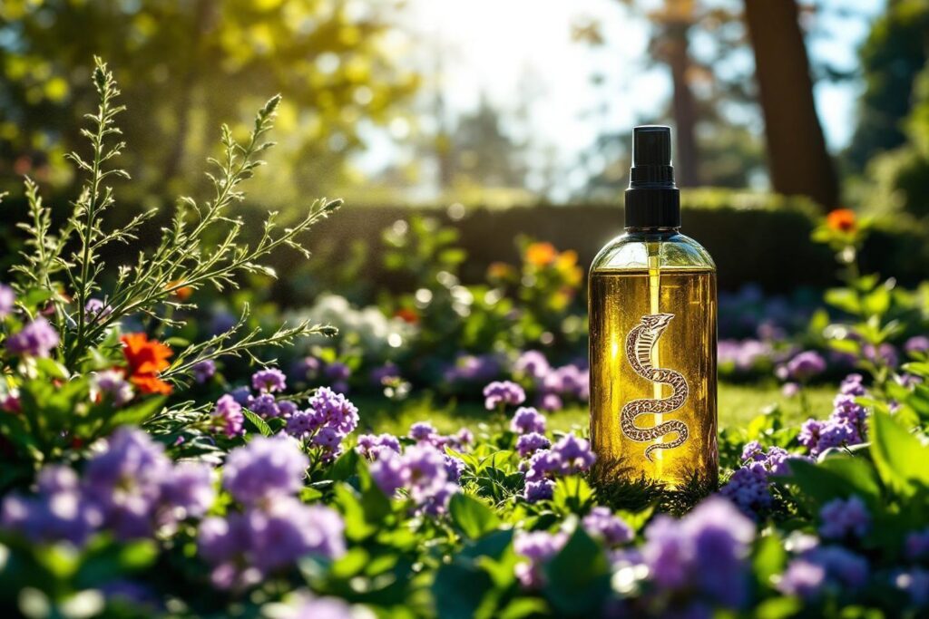 Flacon de parfum doré parmi des fleurs violettes lumineuses