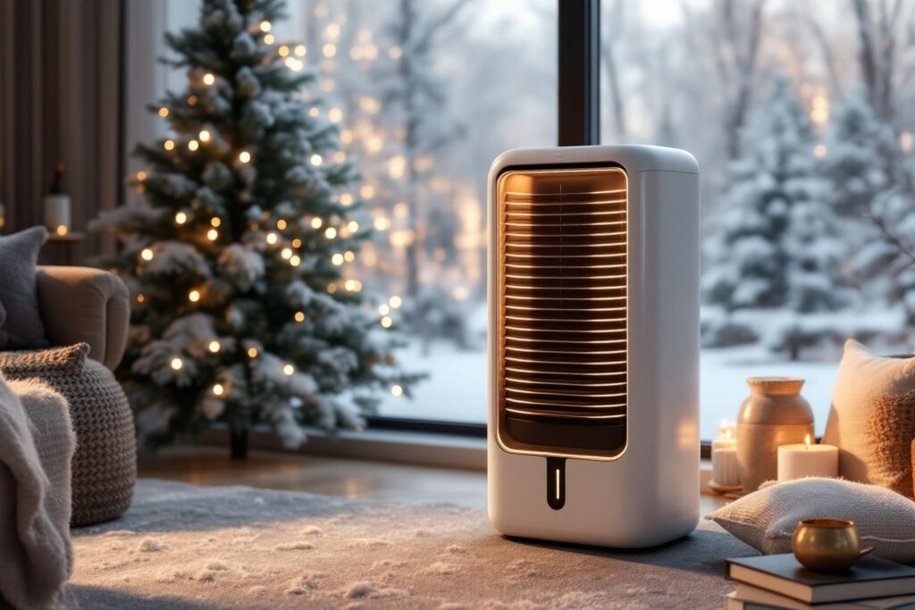 Radiateur moderne près d'un sapin de Noël enneigé