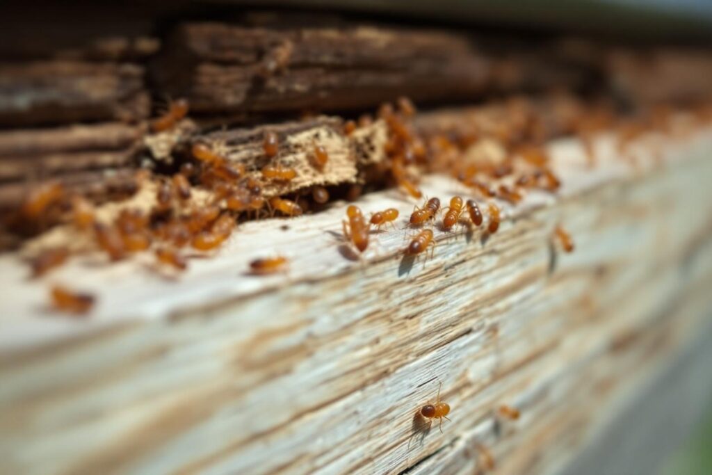 Gros plan de fourmis rouges sur du bois en décomposition