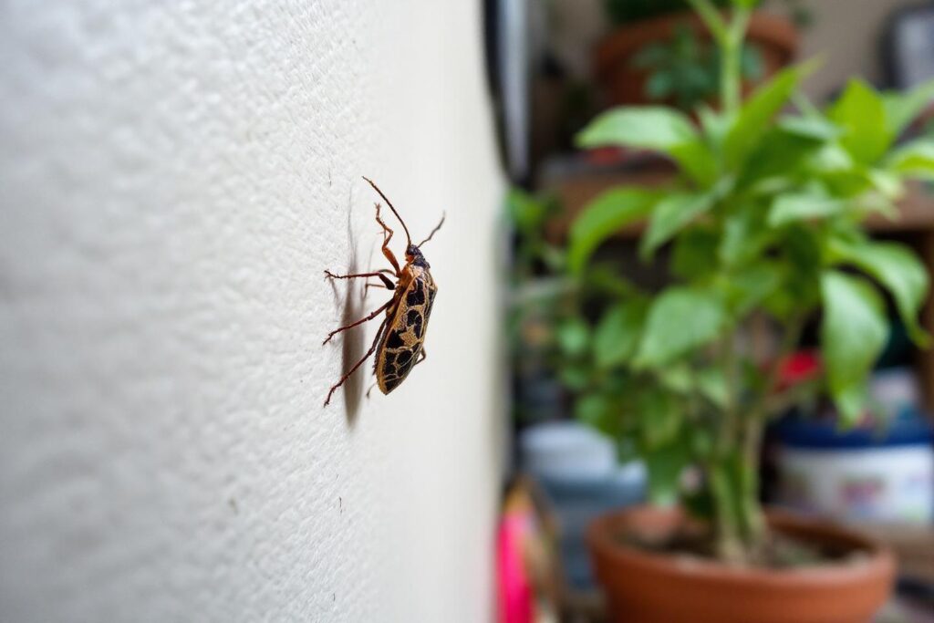Gros plan d'un insecte rayé sur un mur texturé
