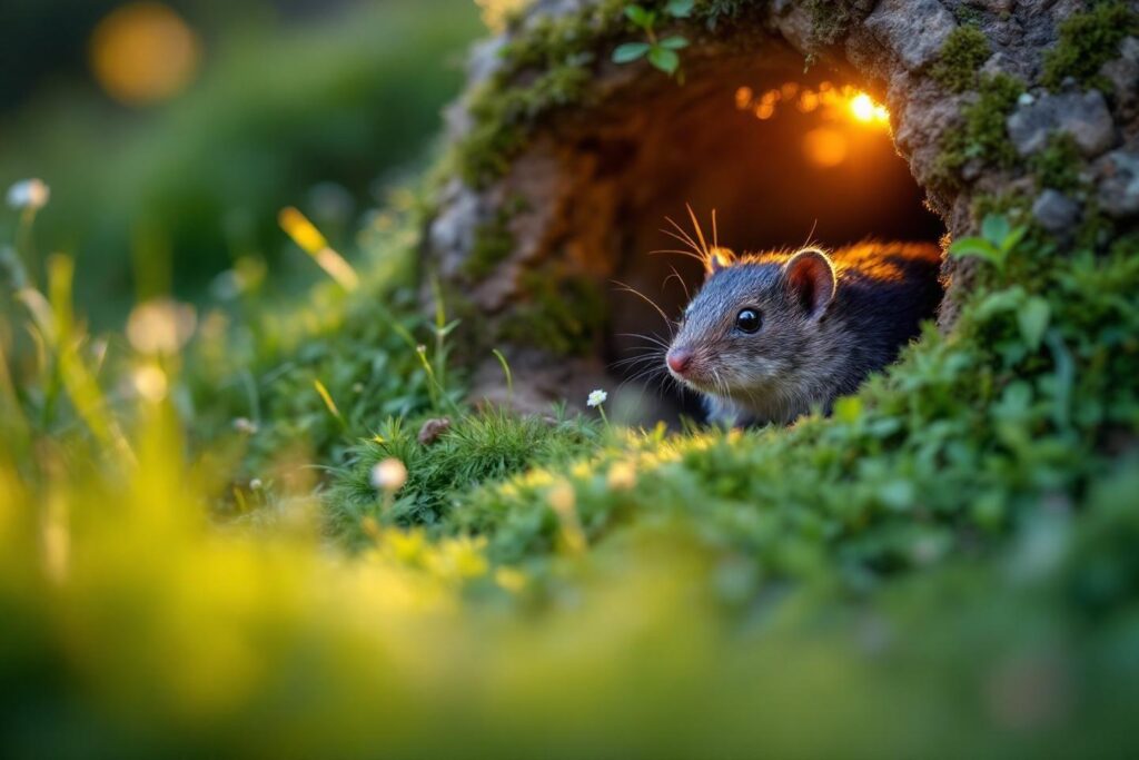 Souris grise dans un trou moussu, lumière dorée