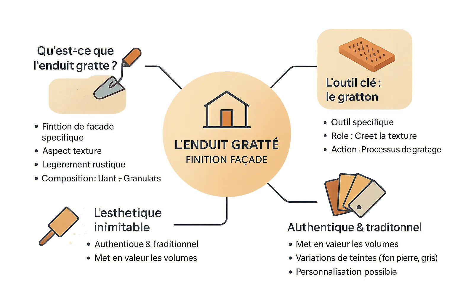 Schéma de l'enduit gratté et son aspect texturé