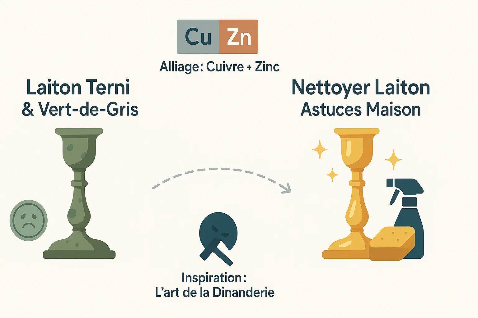 Mains nettoyant un objet en laiton avec un chiffon et du vinaigre blanc sur fond vintage