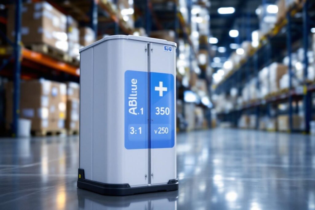 Boîtier blanc et bleu technique dans un grand entrepôt industriel
