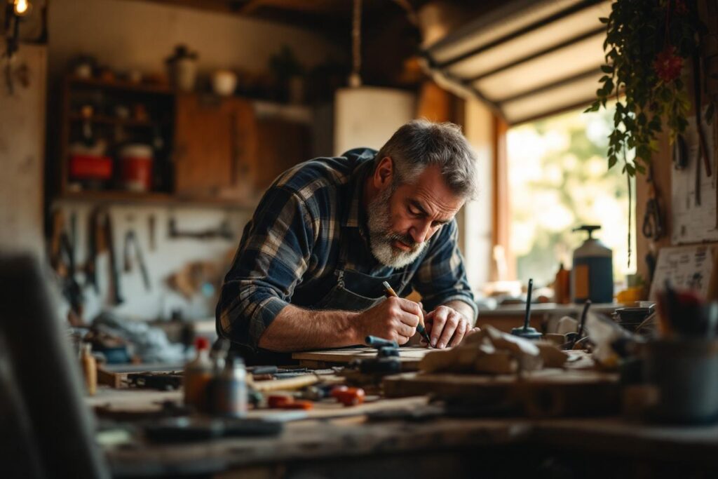 Homme travaillant attentivement sur un établi encombré