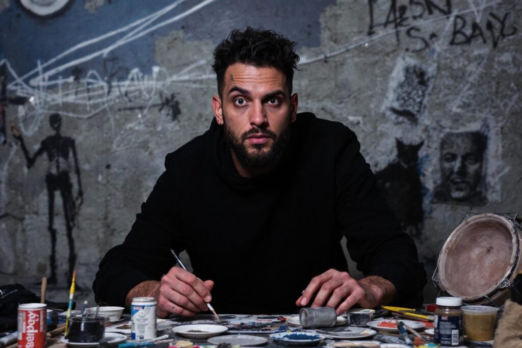 Homme au look artistique travaillant sur une œuvre