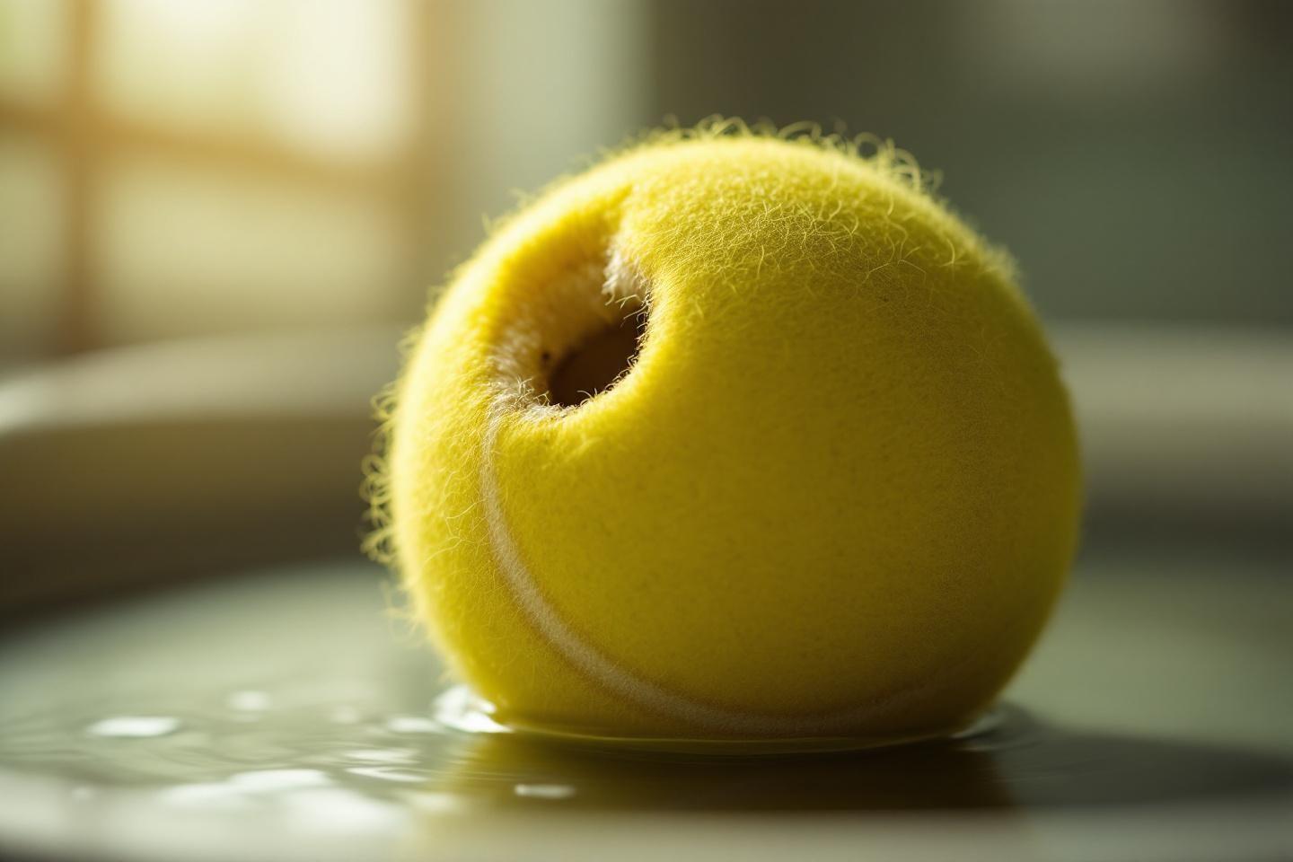 Balle de tennis jaune mouillée avec gouttelettes d'eau
