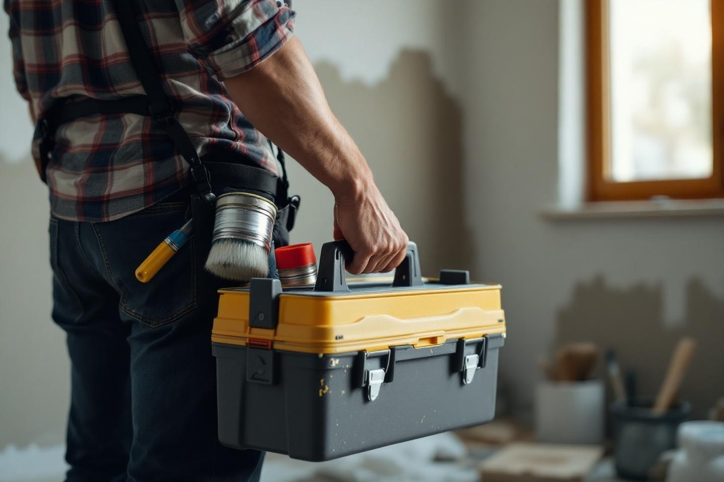 Ouvrier portant une boîte à outils jaune et noire