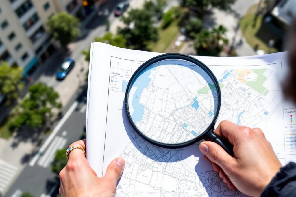 Main tenant une loupe sur un plan de ville détaillé
