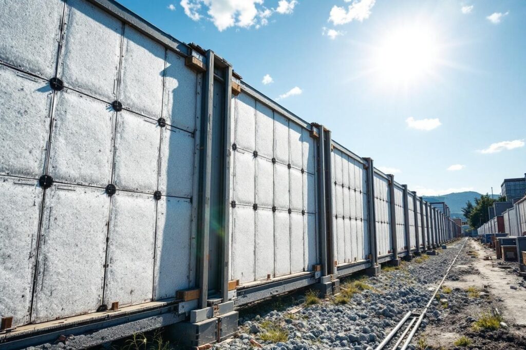 Longue clôture béton grise avec rails et montagnes en arrière-plan
