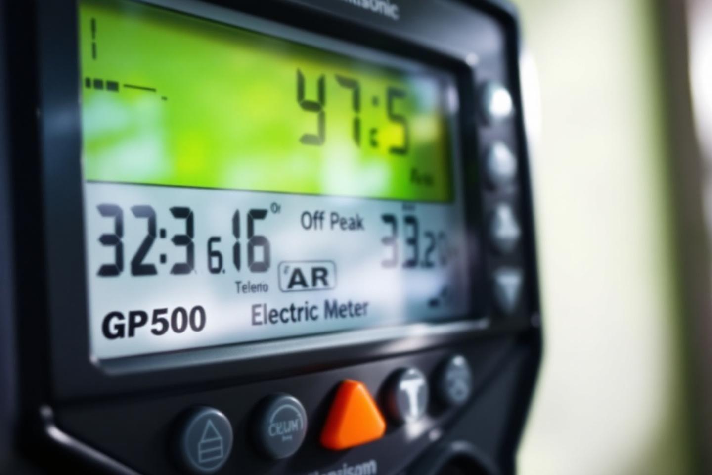 Écran numérique d'un compteur électrique affichant des données techniques