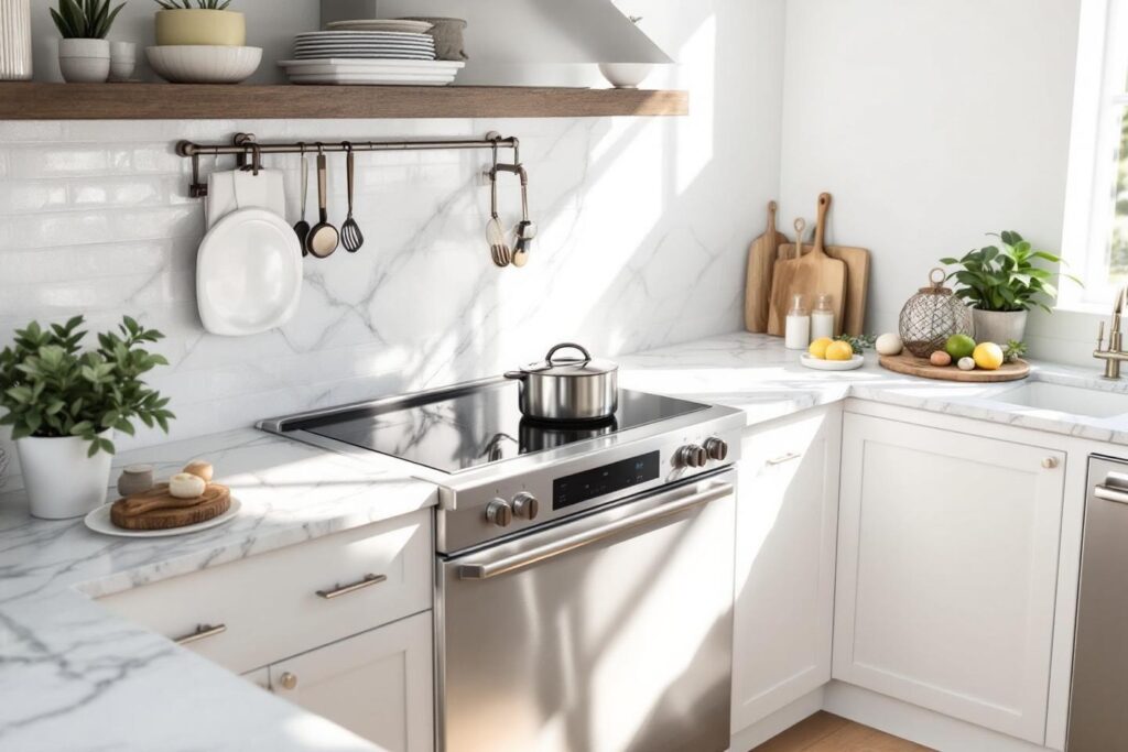 Cuisine blanche et bois avec appareils inox et plantes vertes
