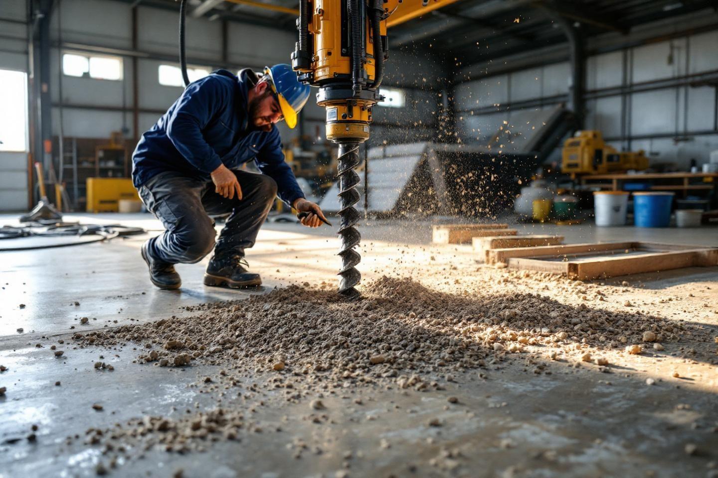 Ouvrier en casque perçant le sol dans un atelier industriel
