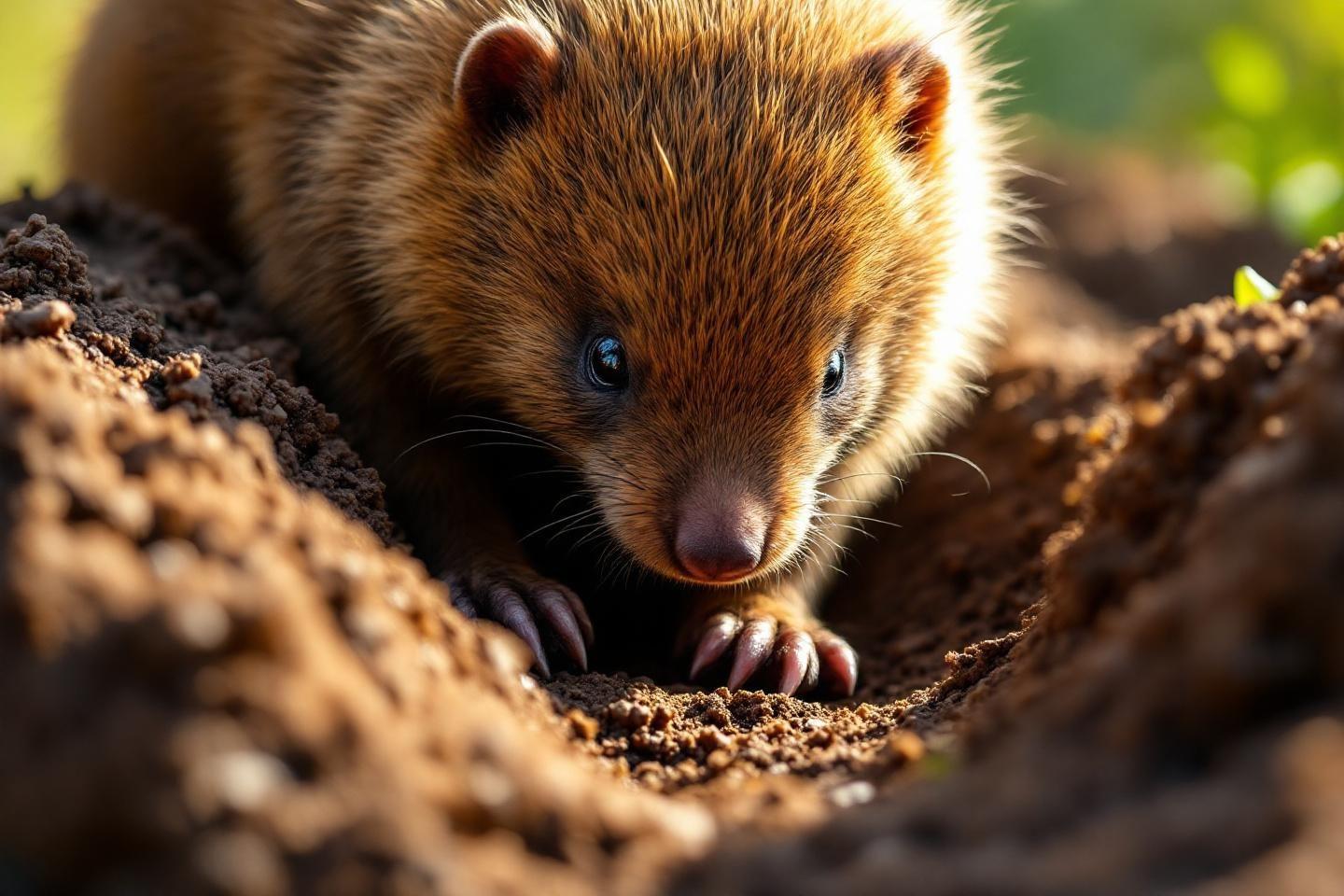 Petit rongeur brun creusant dans la terre meuble