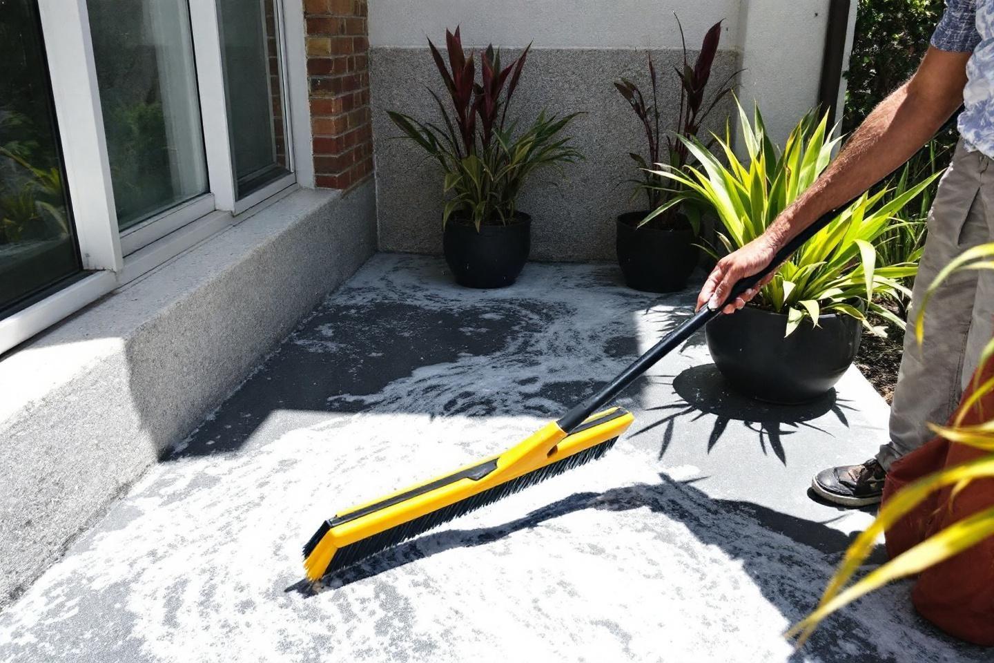 Balai jaune et noir nettoyant une surface en béton