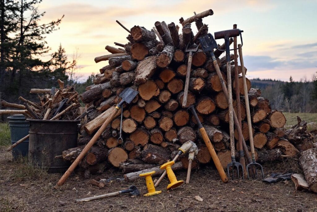 Tas de bois empilés avec divers outils agricoles au crépuscule