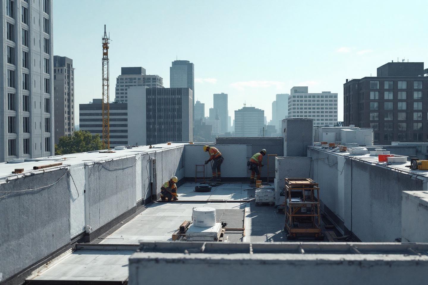 Travailleurs en hauteur sur toit avec gratte-ciel en arrière-plan