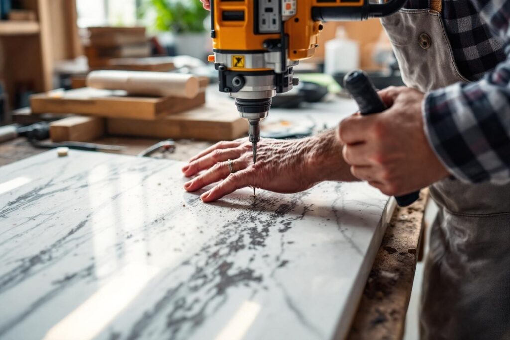 Perceuse jaune forant une surface en atelier de menuiserie