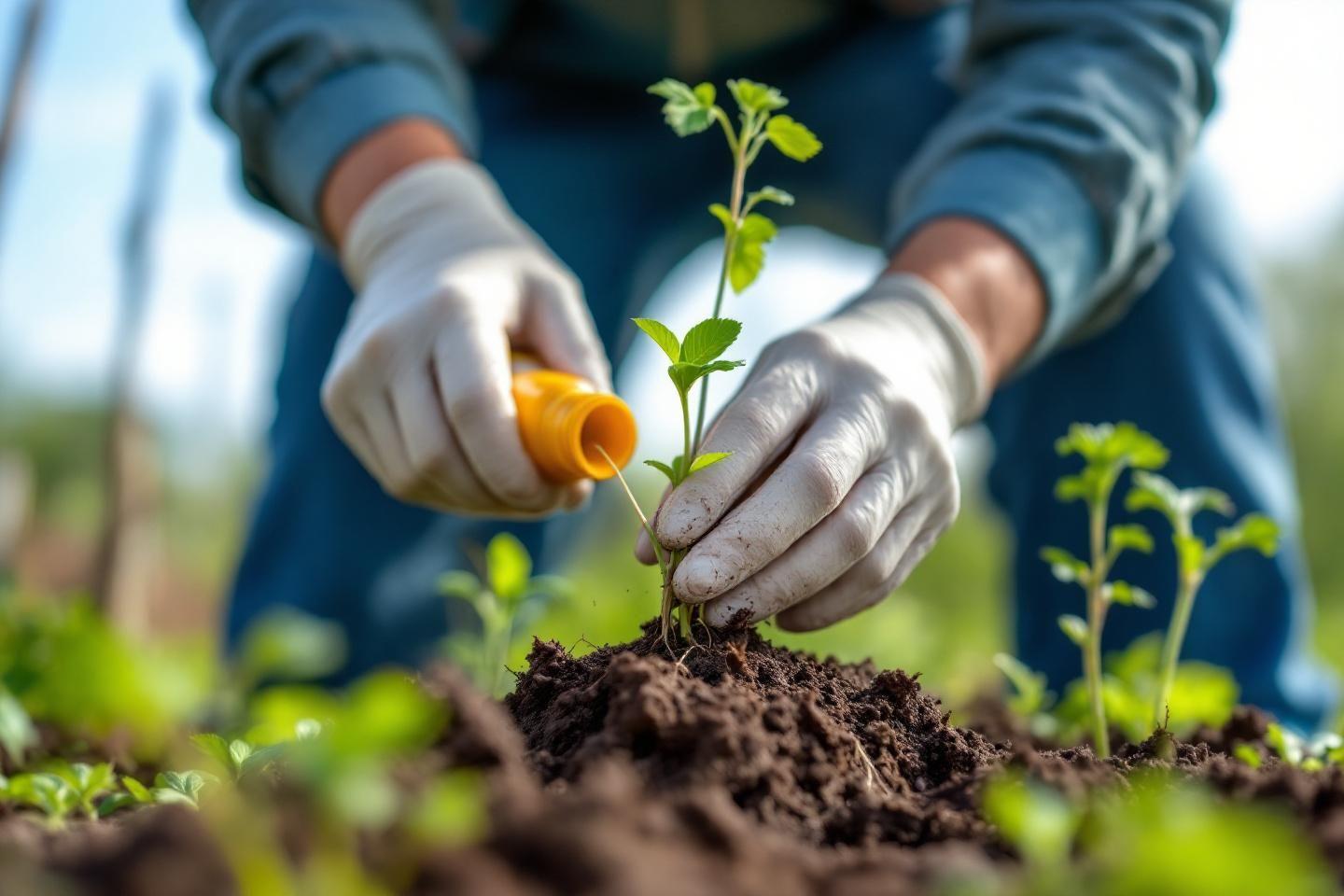 Main gantée plantant un plant vert dans la terre