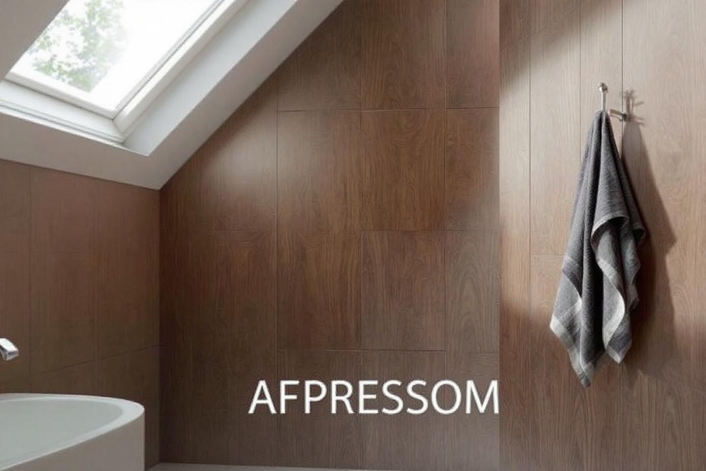 Intérieur de salle de bain avec mur en bois et fenêtre de toit