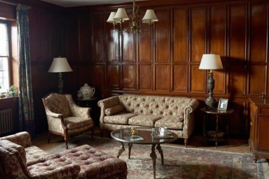 Intérieur classique avec canapé capitonné et lambris en bois