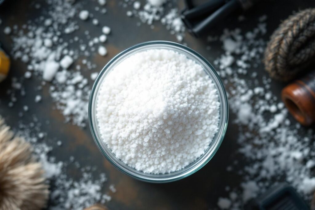 Vue de dessus d'un bocal rempli de sel granuleux