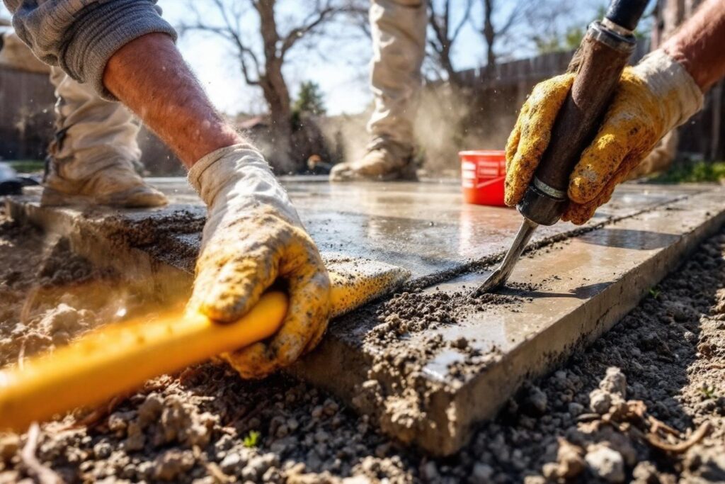 Ouvrier réparant un sol en béton avec un outil
