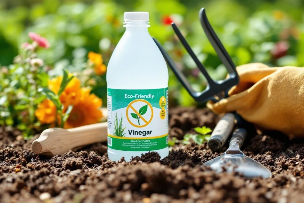 Bouteille de vinaigre blanc éco-responsable dans un jardin