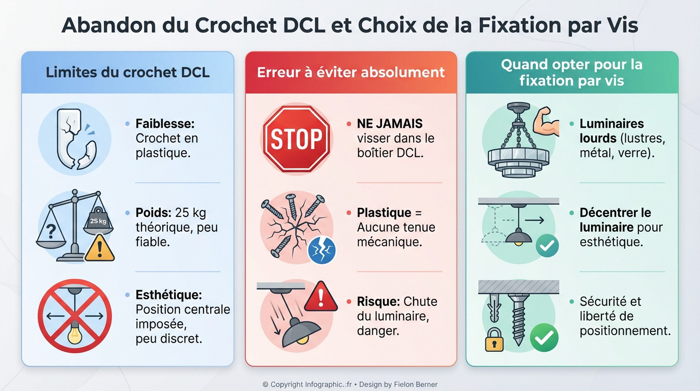 Comparaison entre un crochet DCL standard et une fixation par vis solide au plafond