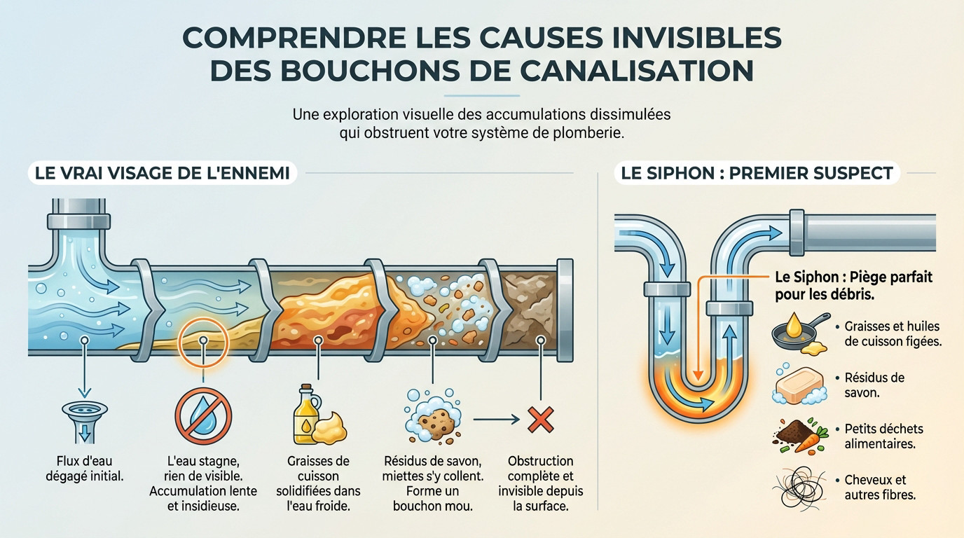 Schéma montrant l'accumulation de graisse et résidus dans un siphon d'évier