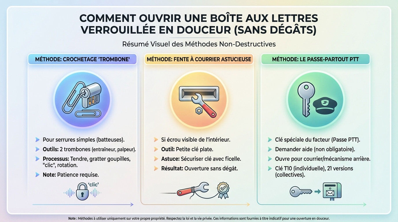Ouverture fine d'une boîte aux lettres sans clé via la fente à courrier