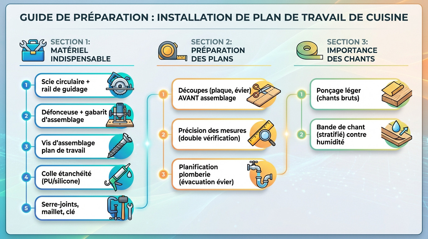 Matériel et outils nécessaires pour l'installation et l'assemblage d'un plan de travail de cuisine