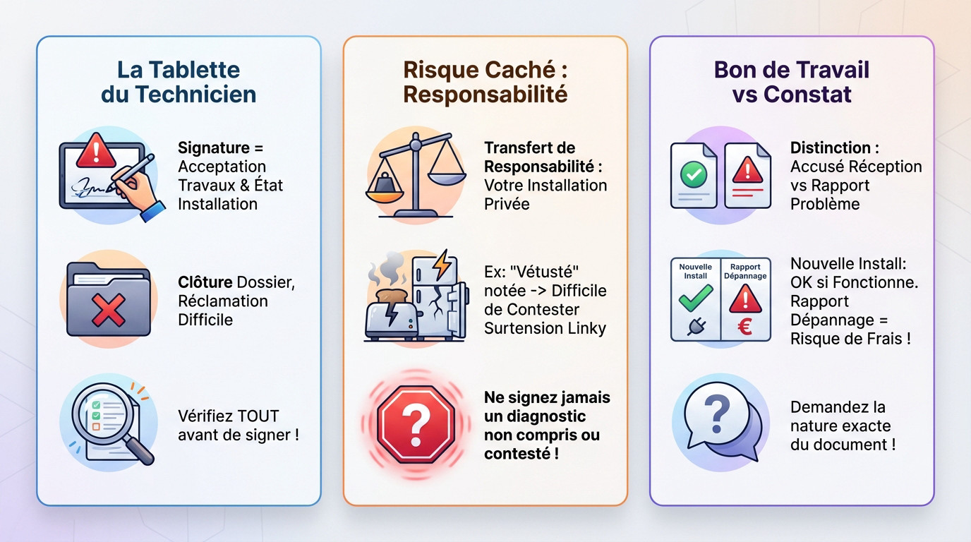 Infographie détaillant les points de vigilance avant de signer le rapport d'intervention Linky sur tablette