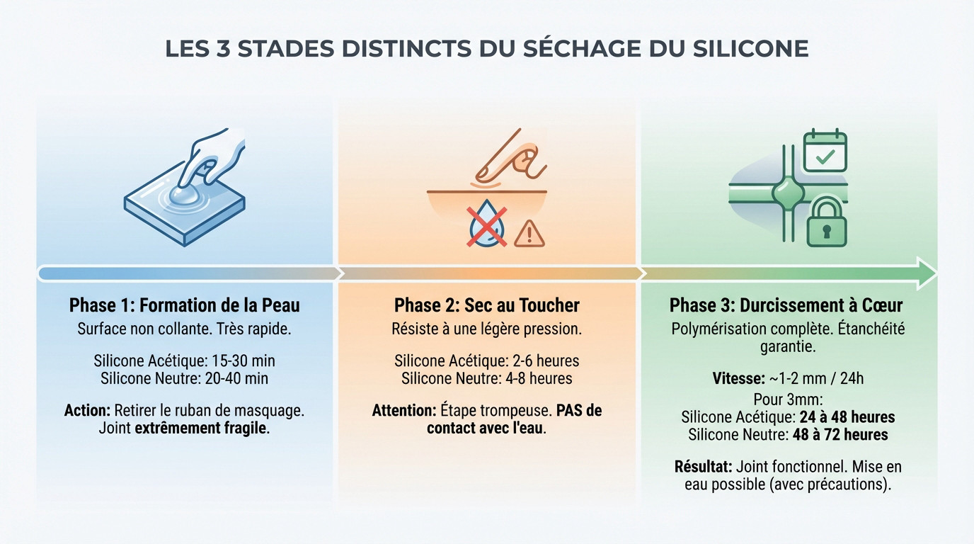 Illustration des trois phases de séchage d'un joint silicone : peau, toucher et cœur