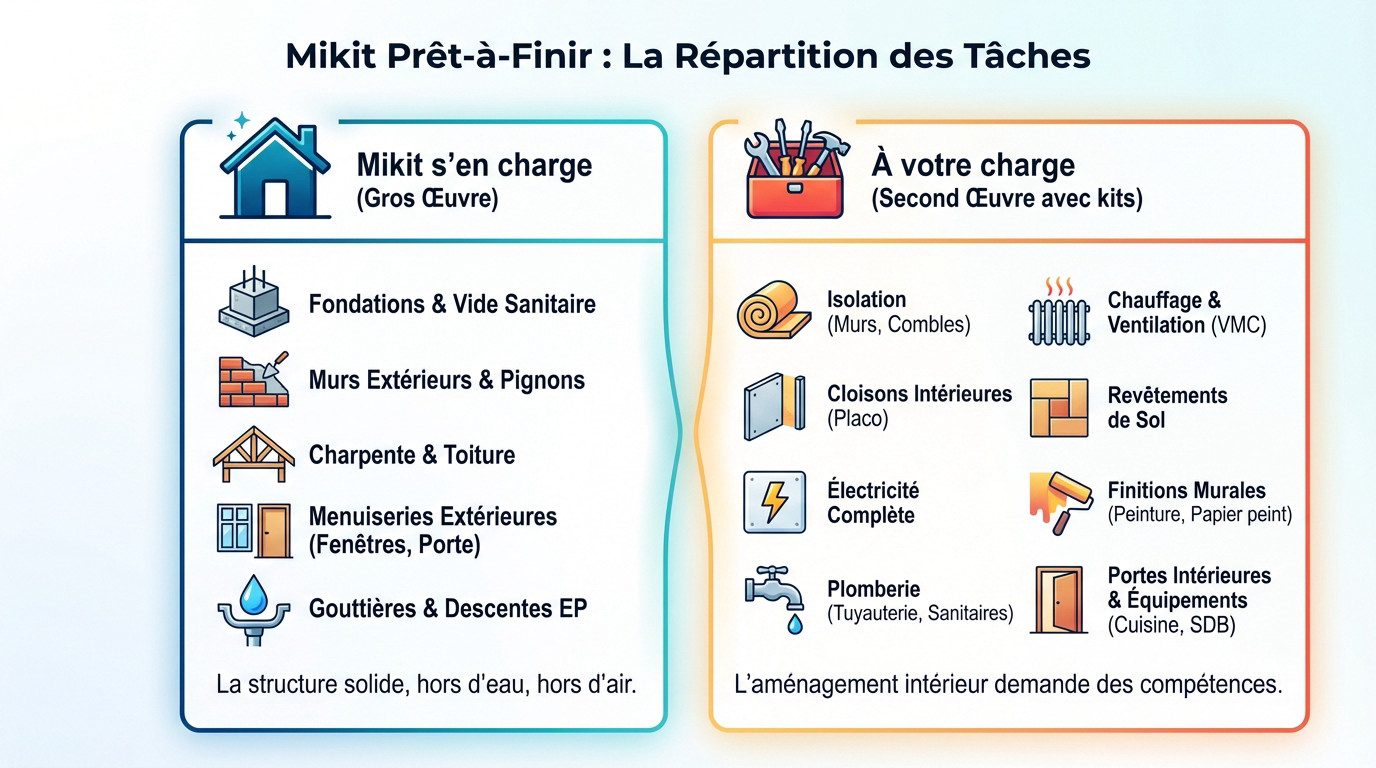 Schéma explicatif de la répartition des travaux entre Mikit et le client pour une maison prêt-à-finir