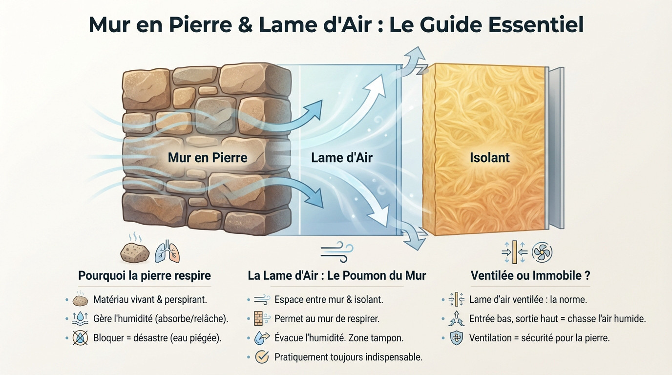 Schéma technique montrant une lame d'air ventilée entre un mur en pierre et l'isolant