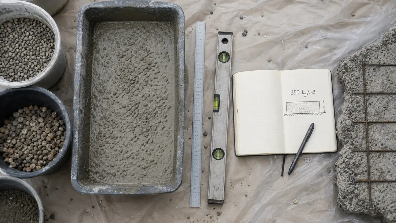 Béton pour dalle extérieure : 350 kg/m3, XF1 ou XF2 selon l’usage