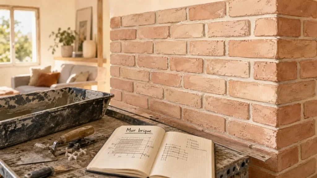 Brique pour mur intérieur sable rosé, pose et joints fins