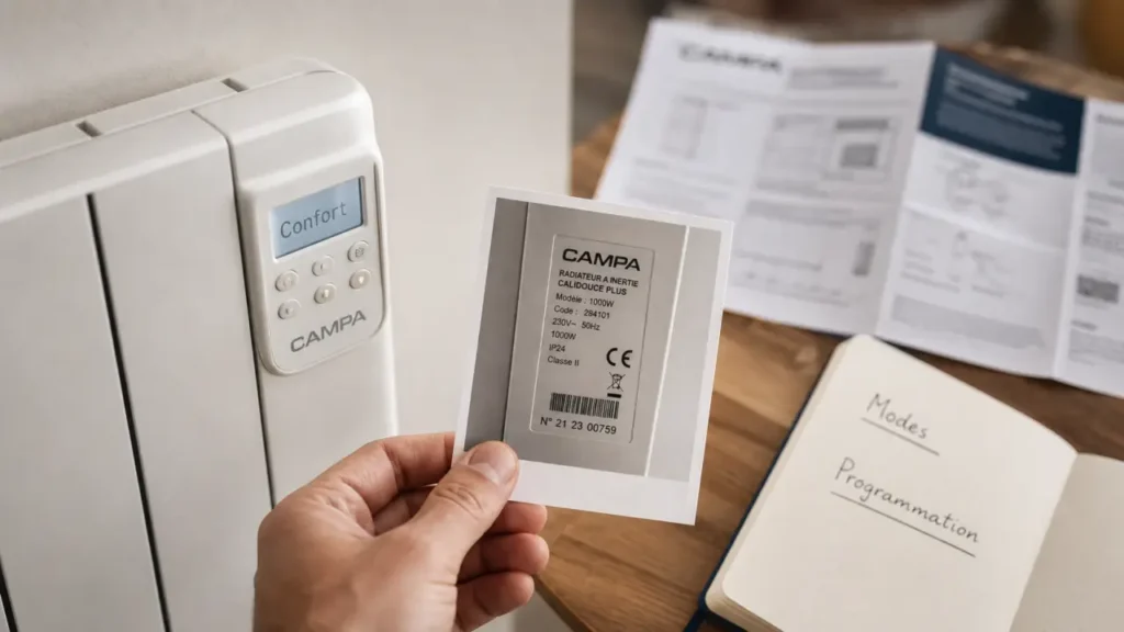 Comment régler un radiateur CAMPA : thermostat et mode hors gel sur plaque signalétique