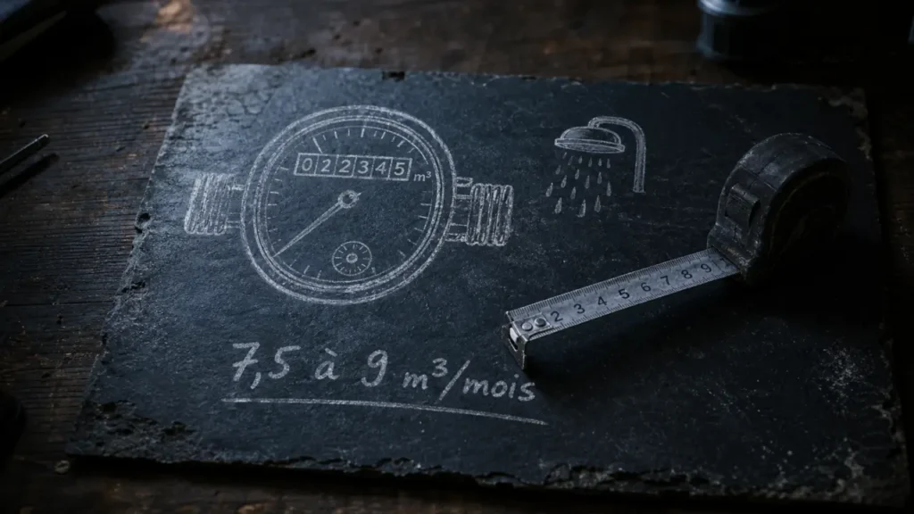 Consommation moyenne eau pour 2 personnes : 7,5 à 9 m³/mois