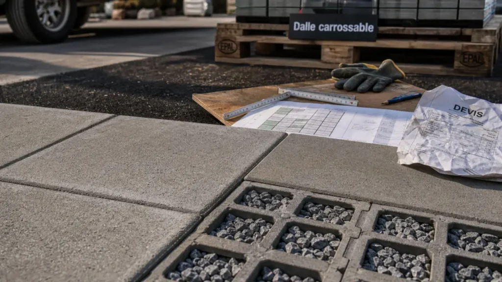 Dalle béton carrossable bord à bord sur chantier