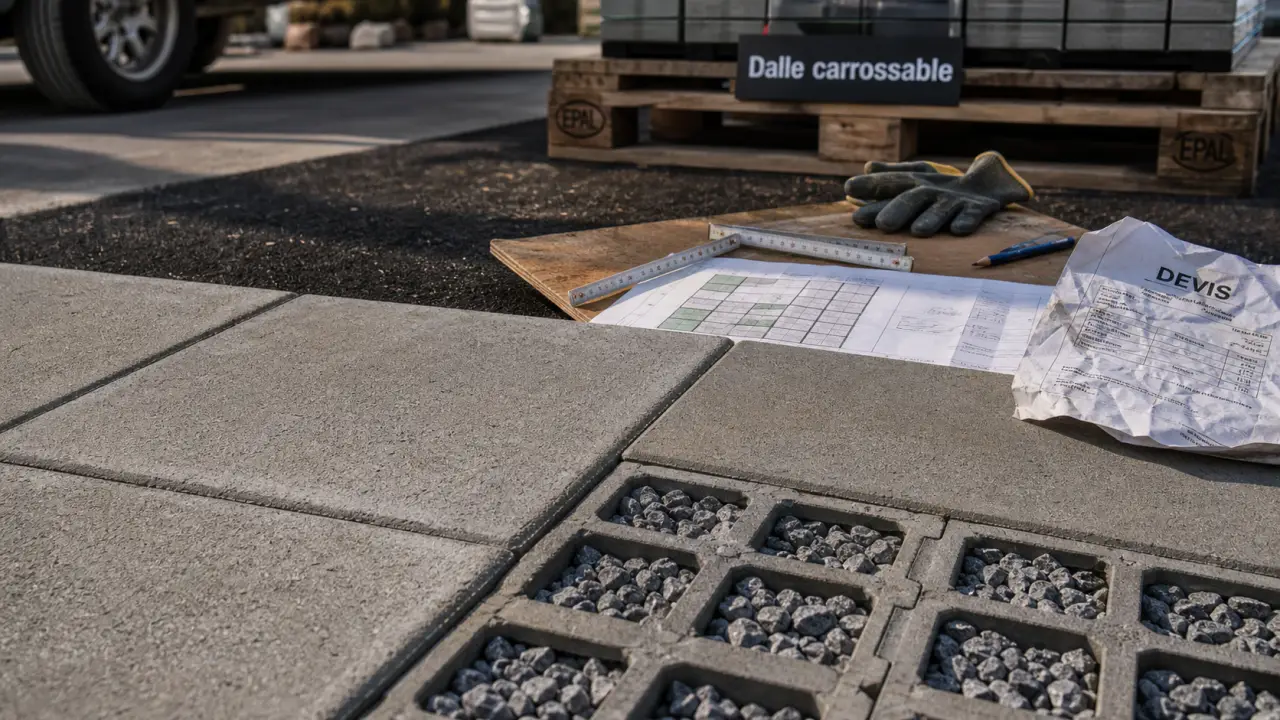 Dalle béton carrossable : épaisseur, prix au m² et pose bord à bord à vérifier