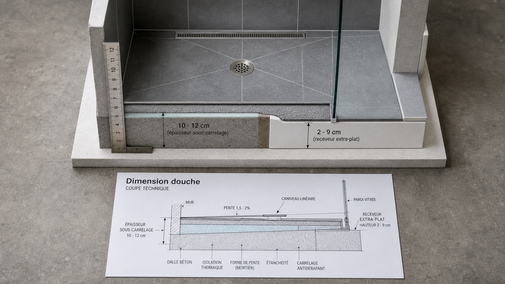 10 à 12 cm : la vraie dimension qui décide d’une douche italienne de plain-pied