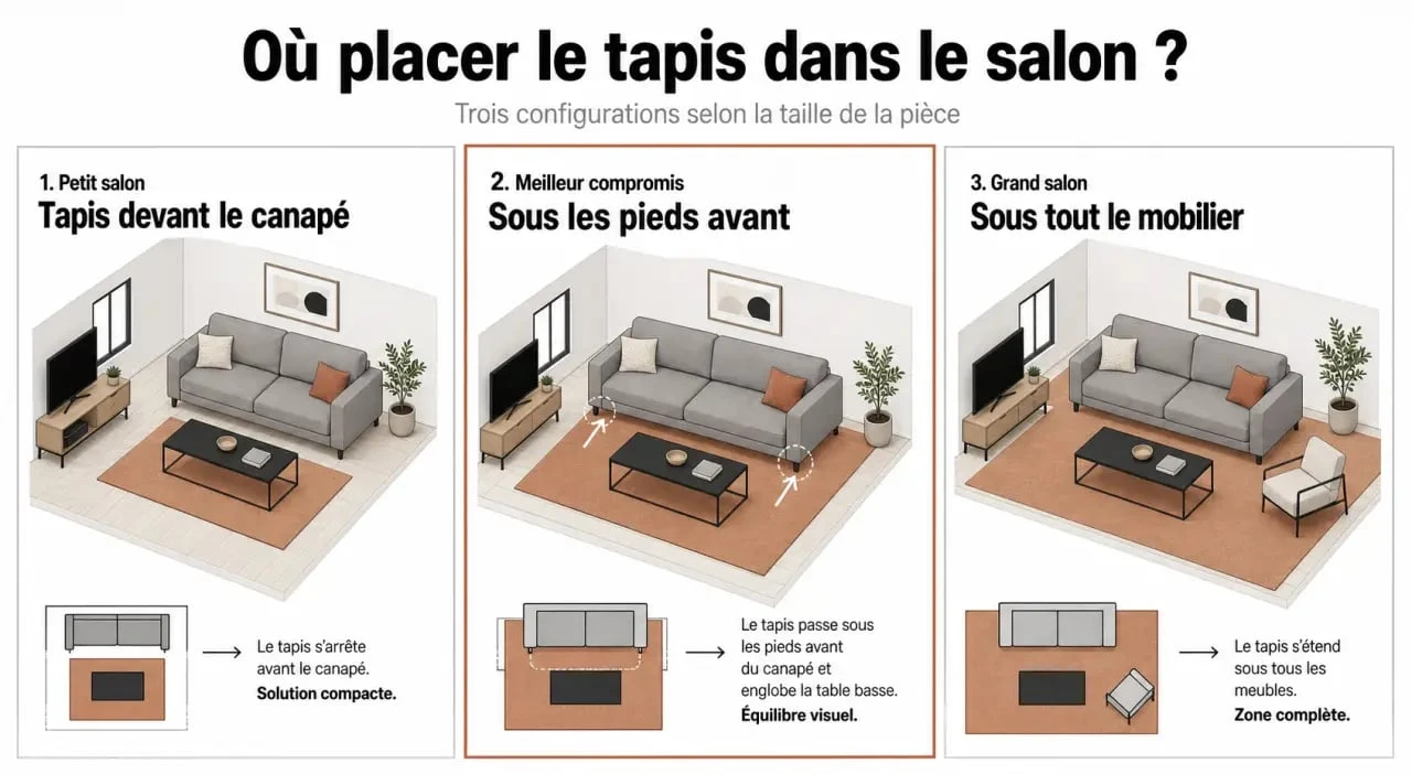 Tapis dans salon : trois façons de placer un tapis devant le canapé, sous les pieds avant ou sous tout le mobilier