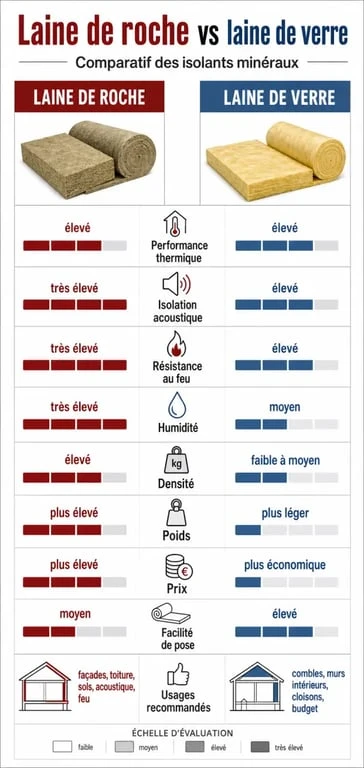 Laine de roche et laine de verre : infographie comparative des performances et usages