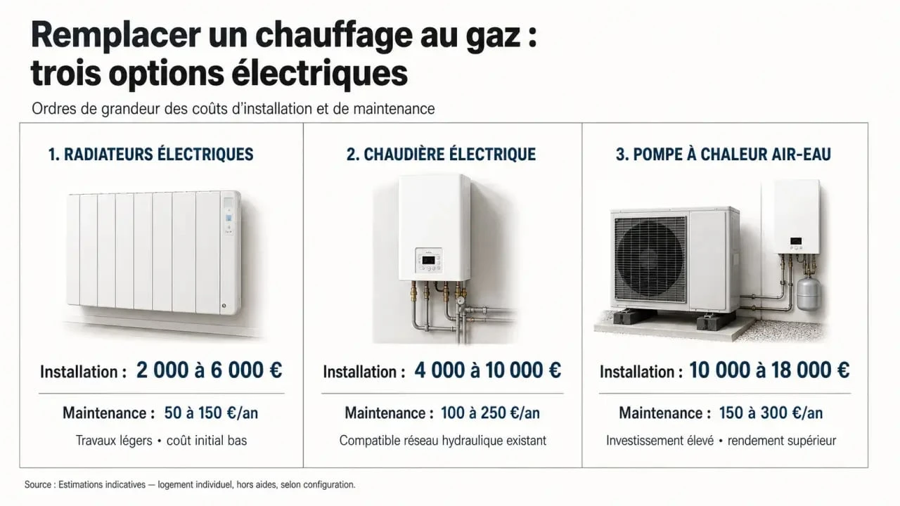 Coût remplacement chauffage gaz par électrique : comparaison visuelle des radiateurs électriques, de la chaudière électrique et de la pompe à chaleur air-eau
