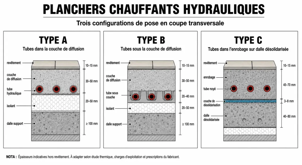 Schéma comparatif des types de planchers chauffants A, B et C selon le DTU 65.14