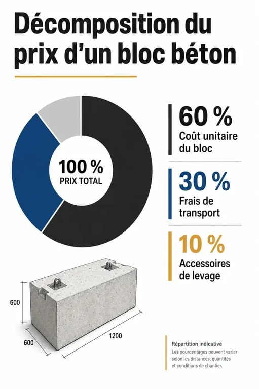 Graphique illustrant la répartition du prix des blocs béton incluant le coût unitaire, le transport et les accessoires de manutention.