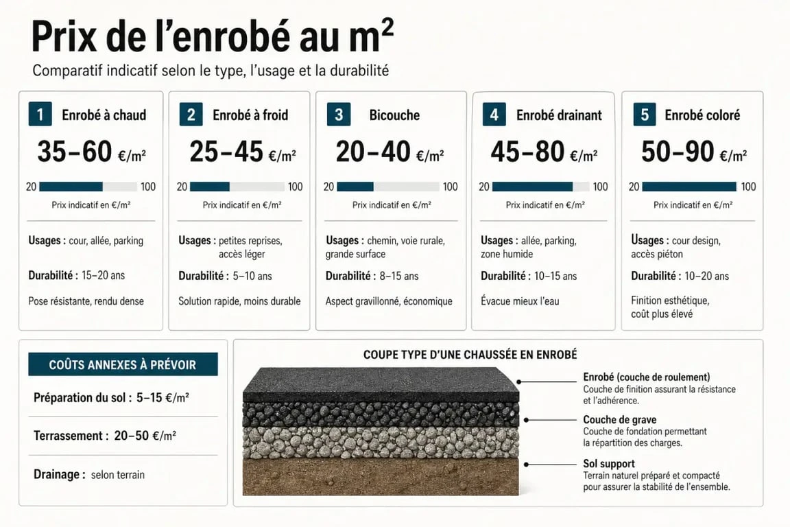 Infographie comparative sur l’enrobé prix m2 avec les types d’enrobé, les fourchettes de prix et les usages
